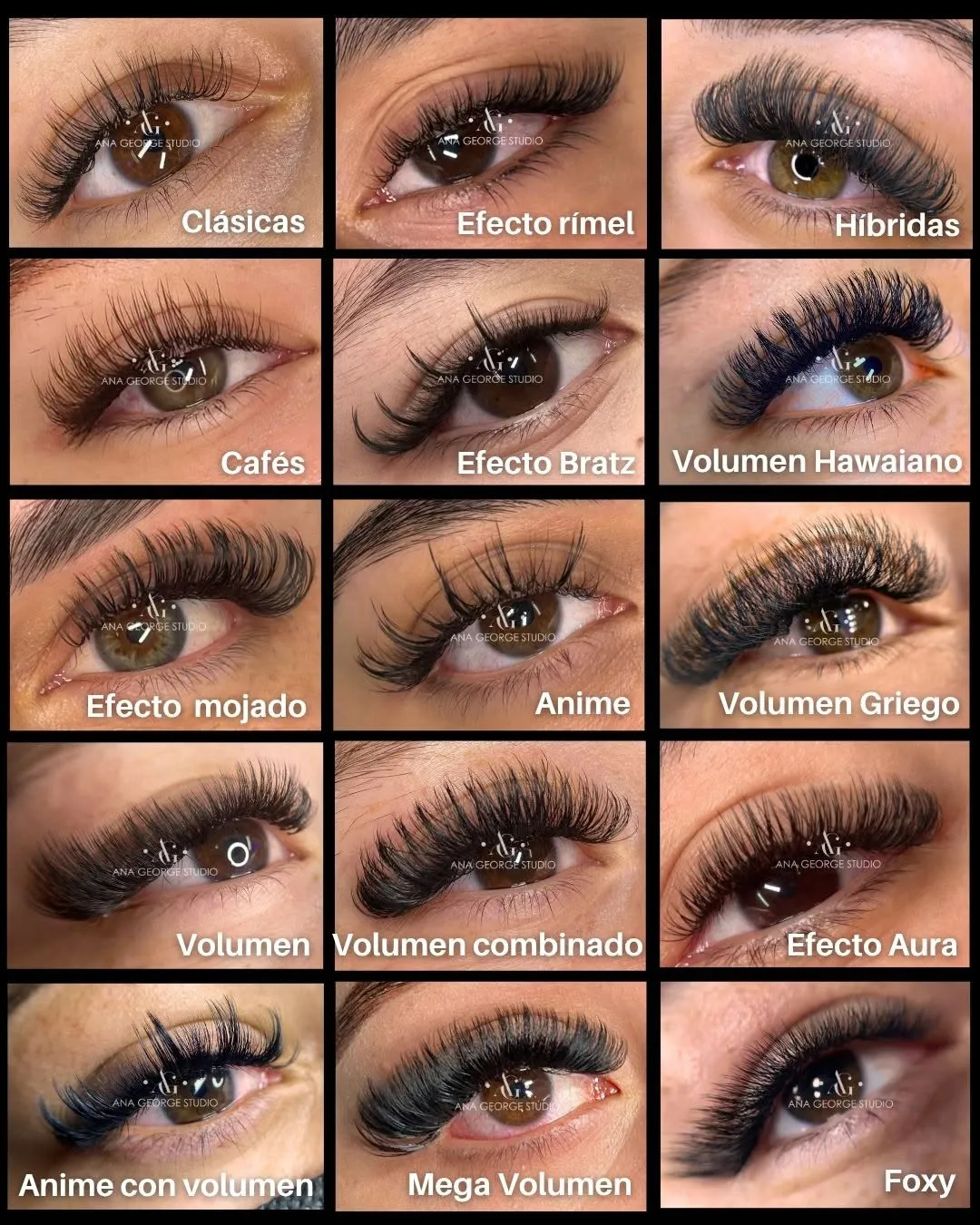 Grid of fifteen eyelash extension styles, each labelled with its name