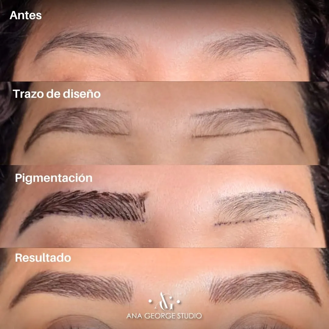Four-step brow procedure sequence: before, design outline, pigmentation and final result